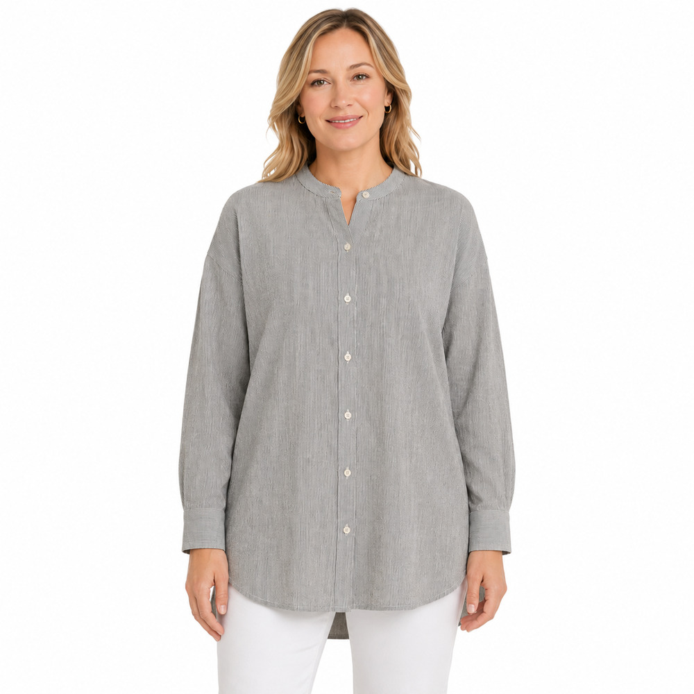 Eileen Fisher Black Stripe Button Up Organic Cotton & Linen Tunic Top Shirt sz L